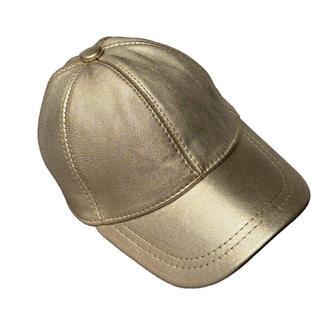 Leather Baseball Cap Genuine Lambskin Leather Hat Sports Visor Adjustable Strap Silver Metallic