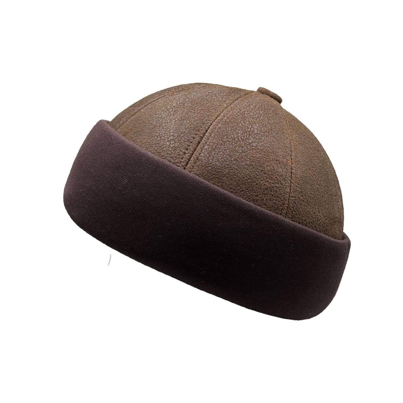 Lukkizara Winter Sheepskin Leather Fur Knit Beanie Cuff Round Bucket Winter Ski Hat