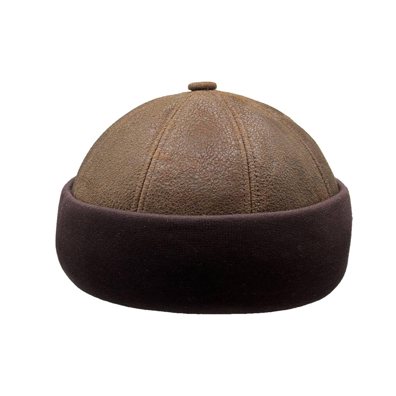 Lukkizara Winter Sheepskin Leather Fur Knit Beanie Cuff Round Bucket Winter Ski Hat