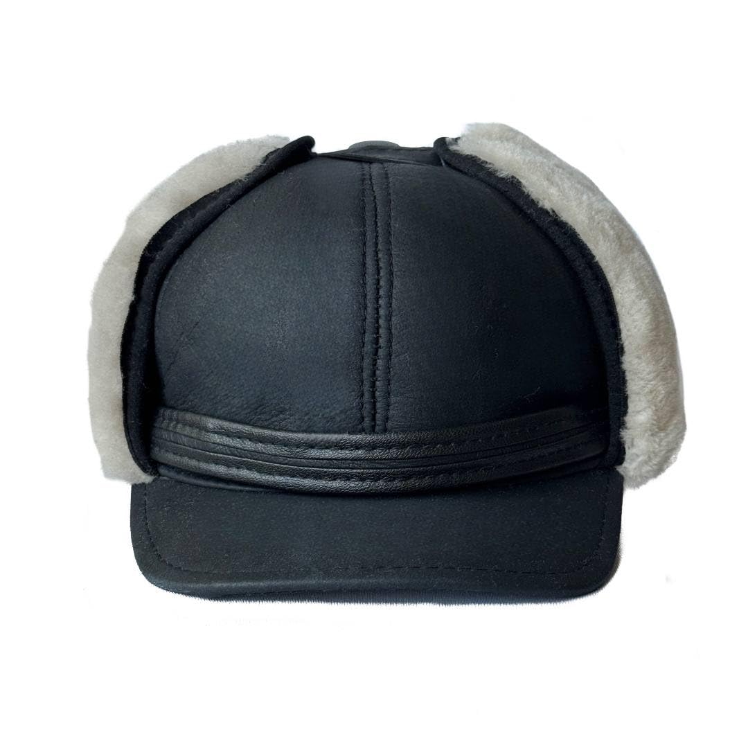 Genuine Sheepskin Shearling Leather Fur Trapper Russian Ushanka for Men Women Visor Cap