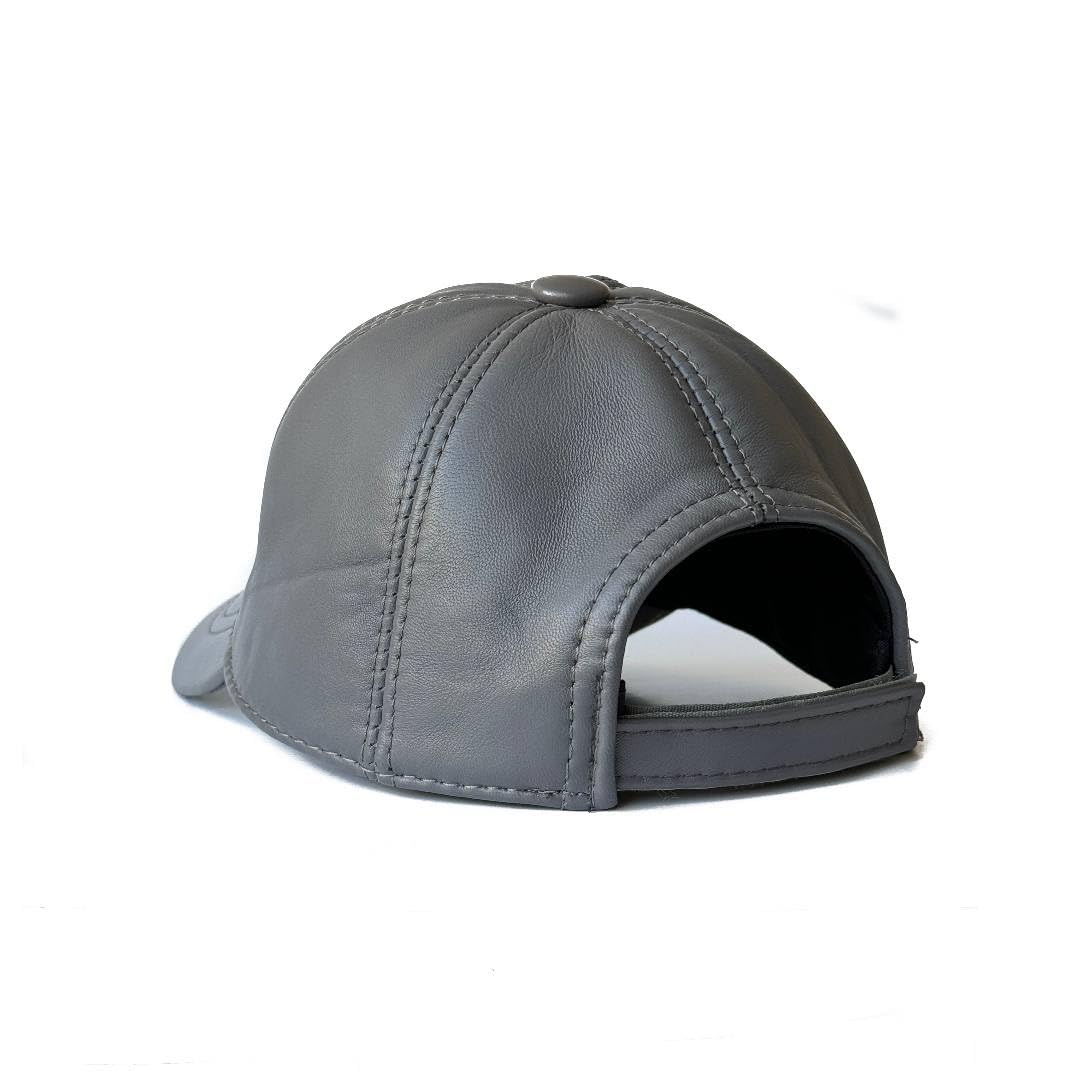 Genuine Real Lambskin Leather Unisex Baseball Cap - 100% Sheepskin Adjustable Grey