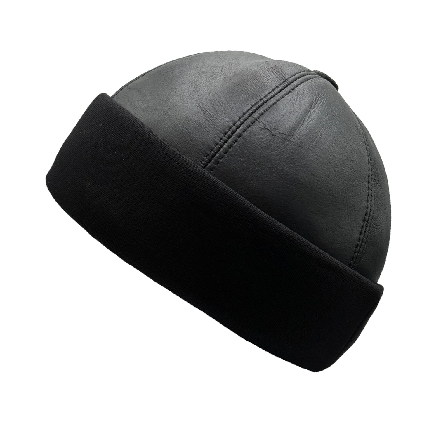 Lukkizara Winter Sheepskin Leather Fur Knit Beanie Cuff Round Bucket Winter Ski Docker Hat