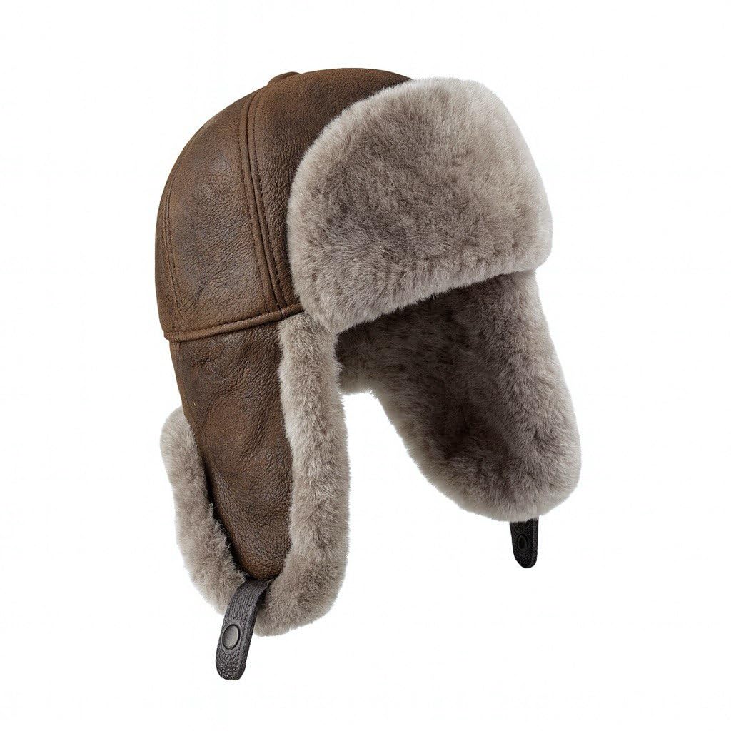 Leather Aviator Russian Ushanka Trapper Shearling Sheepskin Fur Ear Flap Waterproof Winter Hat