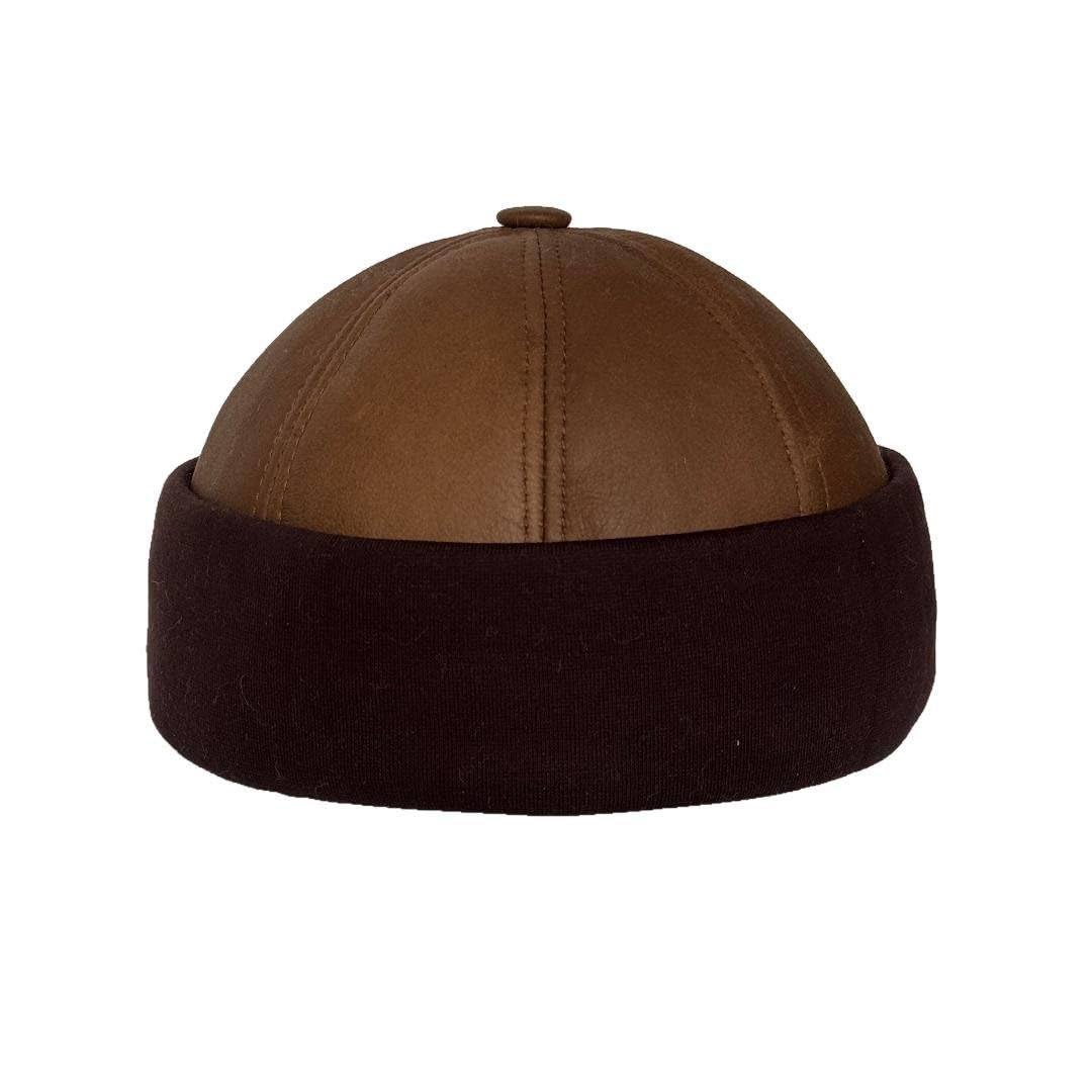 Lukkizara Winter Sheepskin Leather Fur Knit Beanie Cuff Round Bucket Winter Ski Hat