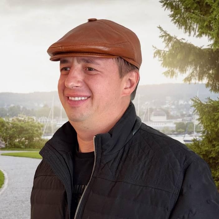 Generic Men's Brown Ivy League Classic Flat Cap - Newsboy Cap - Genuine Sheepskin Leather - Warm & Breathable - Ear Warmer