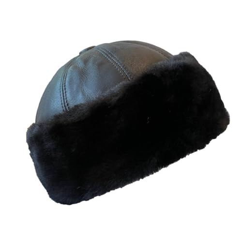 Premium Leather Unisex Shearling Sheepskin Fur Winter Beanie - Warm Wool Skull Hat for Men & Women