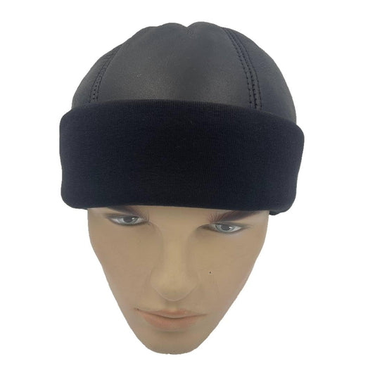 Winter Sheepskin Leather Fur Knit Beanie Cuff Round Bucket Winter Ski Hat Black