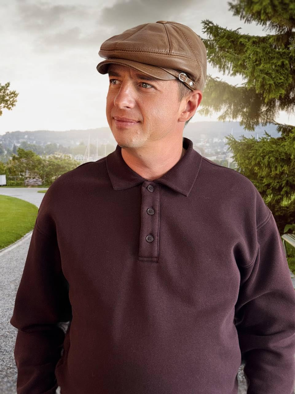 Men's Leather Newsboy Cap Cabbie Beret Real Leather Flat Hat Vintage Style Ascot Hat