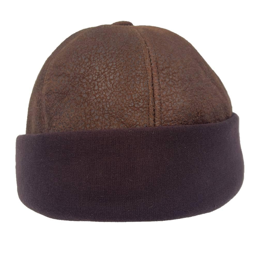 Lukkizara Winter Sheepskin Leather Fur Knit Beanie Cuff Round Bucket Winter Ski Hat