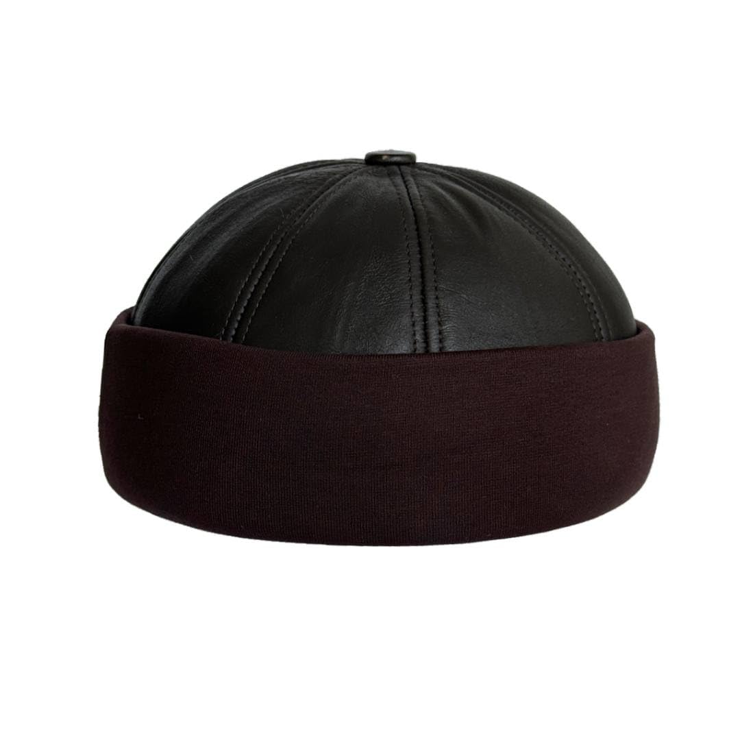 Lukkizara Unisex Genuine Leather Docker Hat Rolled Cuff Brimless Worker Skullcap Street Hip Hop Beanie Cap Retro