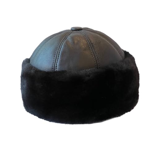 Premium Leather Unisex Shearling Sheepskin Fur Winter Beanie - Warm Wool Skull Hat for Men & Women