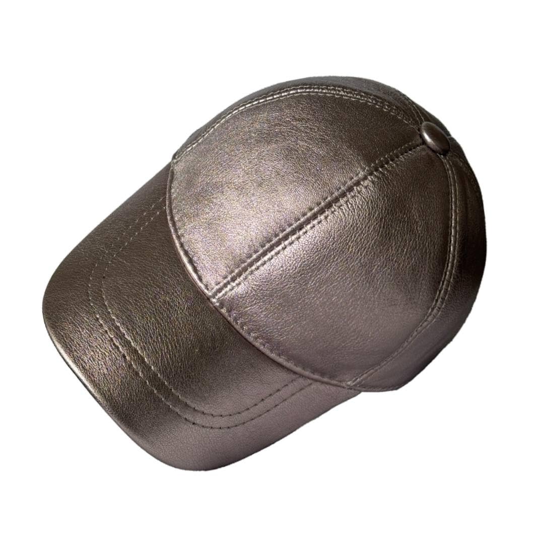 Leather Baseball Cap Genuine Lambskin Leather Hat Sports Visor Adjustable Strap Silver Metallic