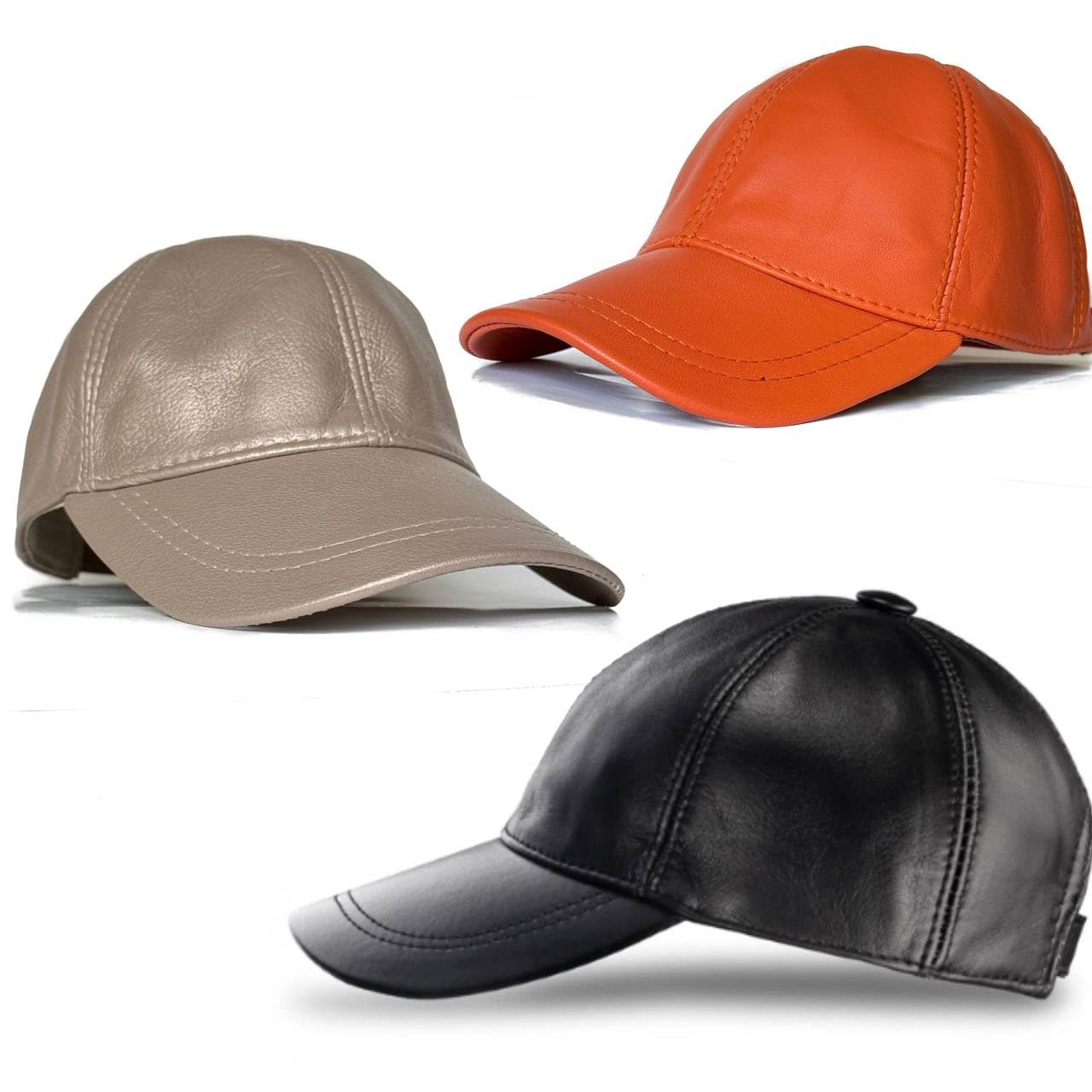 3 Pack Leather Caps Genuine Lambskin Leather Hat Sports Visor Adjustable Strap