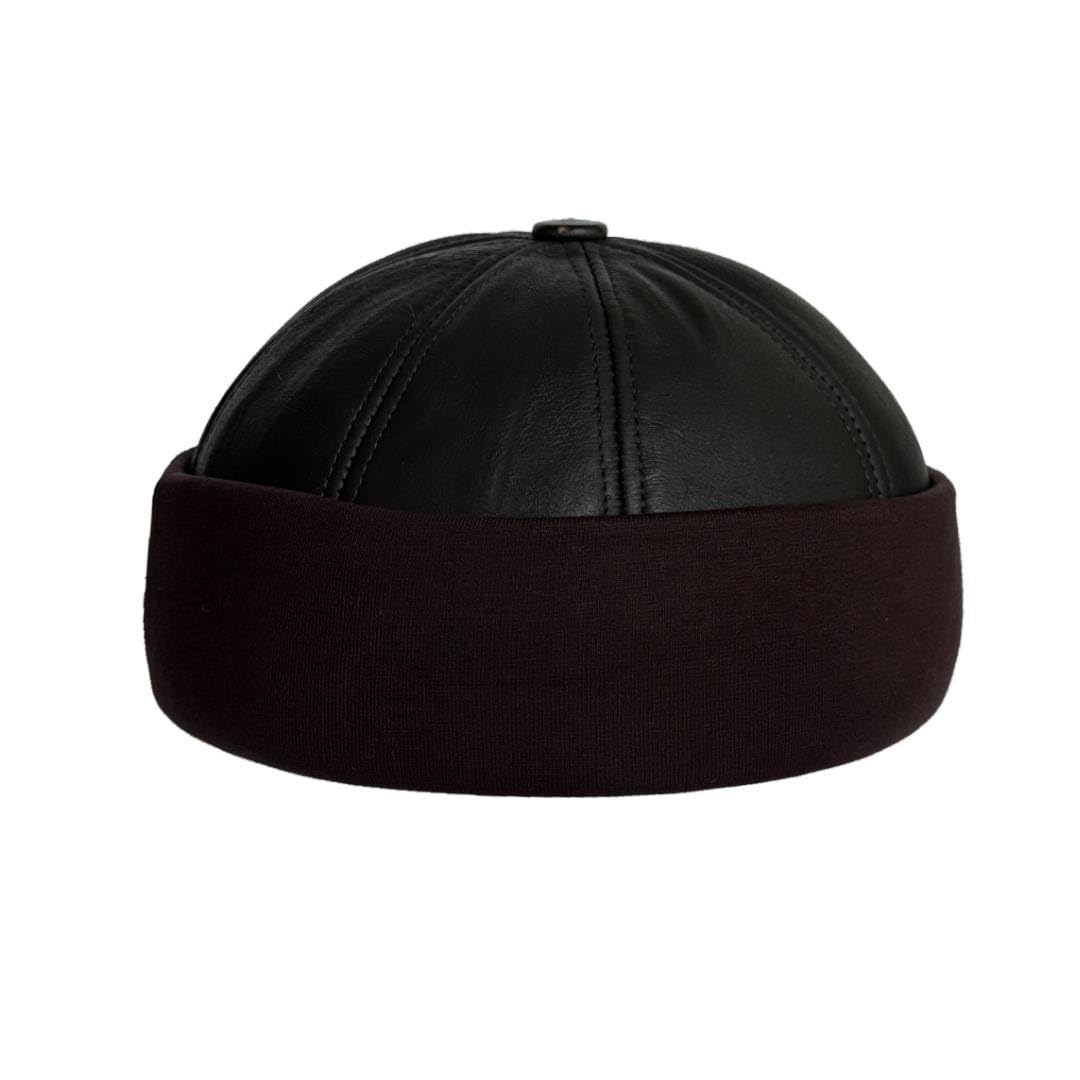 Lukkizara Winter Sheepskin Leather Fur Knit Beanie Cuff Round Bucket Winter Ski Hat
