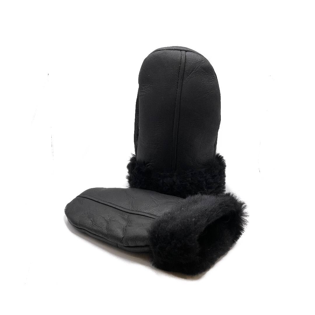 Lukkizara Men's and Women's Premium Shearling Sheepskin Leather Fur Mittens Black