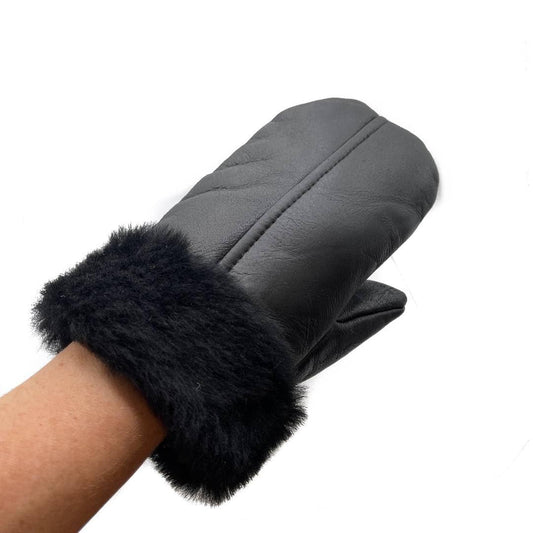 Lukkizara Men's and Women's Premium Shearling Sheepskin Leather Fur Mittens Black