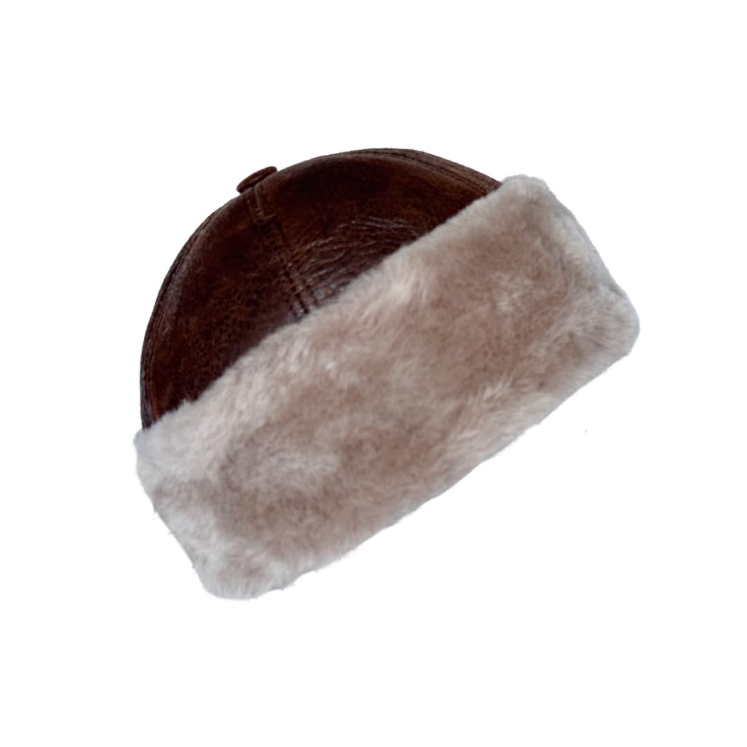 Premium Leather Unisex Shearling Sheepskin Fur Winter Beanie - Warm Wool Skull Hat for Men & Women