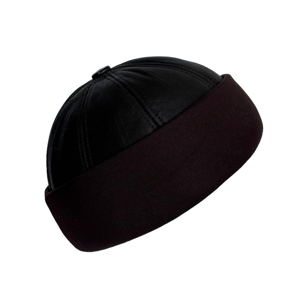 Lukkizara Unisex Genuine Leather Docker Hat Rolled Cuff Brimless Worker Skullcap Street Hip Hop Beanie Cap Retro