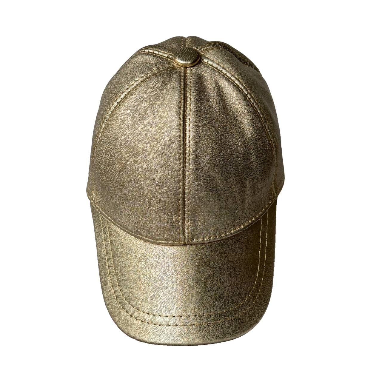 Leather Baseball Cap Genuine Lambskin Leather Hat Sports Visor Adjustable Strap Silver Metallic