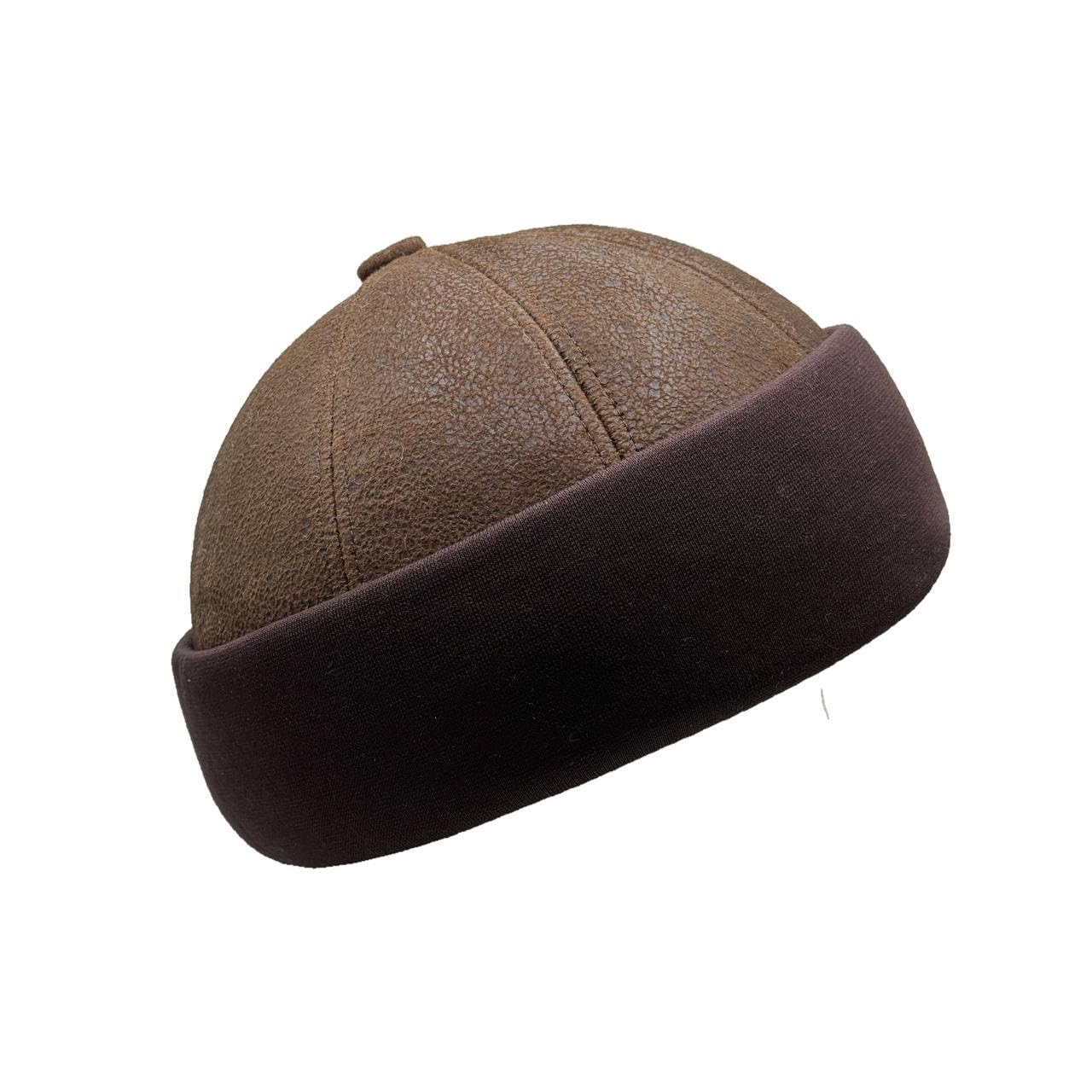 Lukkizara Unisex Genuine Leather Docker Hat Rolled Cuff Brimless Worker Skullcap Street Hip Hop Beanie Cap Retro