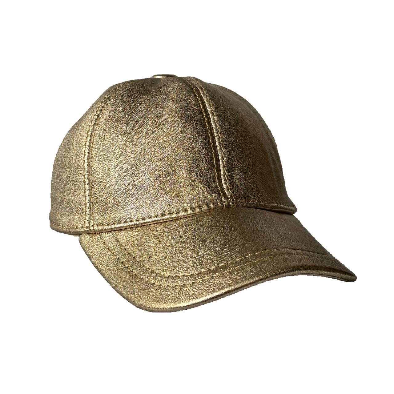 Leather Baseball Cap Genuine Lambskin Leather Hat Sports Visor Adjustable Strap Silver Metallic