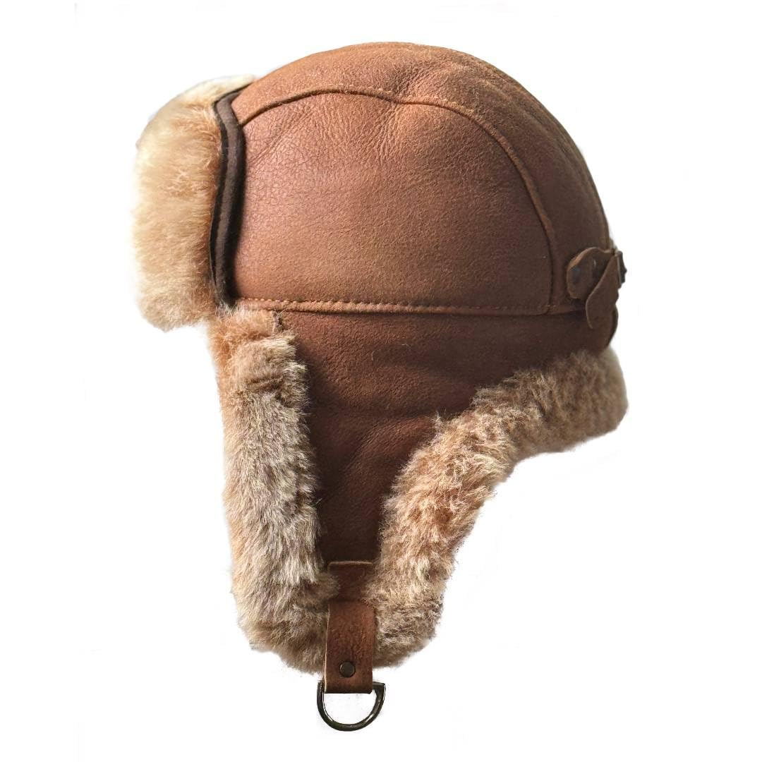 Leather Aviator Russian Ushanka Trapper Shearling Sheepskin Fur Ear Flap Waterproof Winter Hat