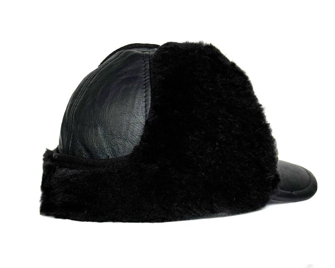 Genuine Sheepskin Shearling Leather Fur Trapper Russian Ushanka for Men Women Visor Cap
