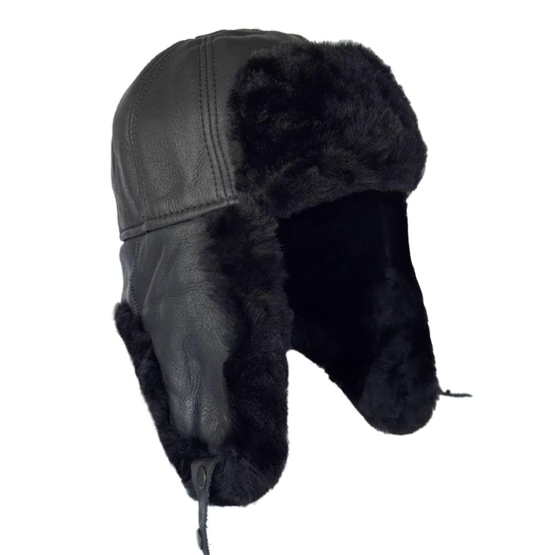 Leather Aviator Russian Ushanka Trapper Shearling Sheepskin Fur Ear Flap Waterproof Winter Hat