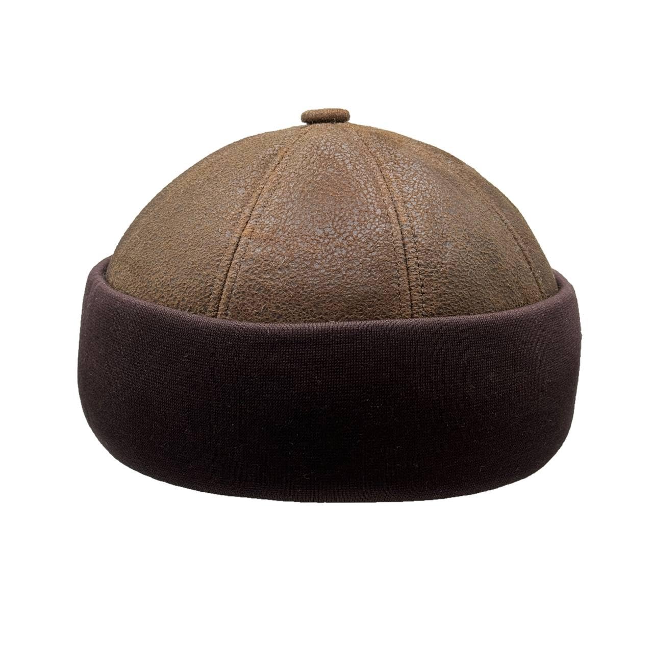 Lukkizara Unisex Genuine Leather Docker Hat Rolled Cuff Brimless Worker Skullcap Street Hip Hop Beanie Cap Retro