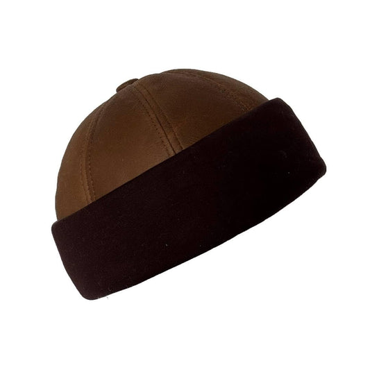 Lukkizara Winter Sheepskin Leather Fur Knit Beanie Cuff Round Bucket Winter Ski Hat