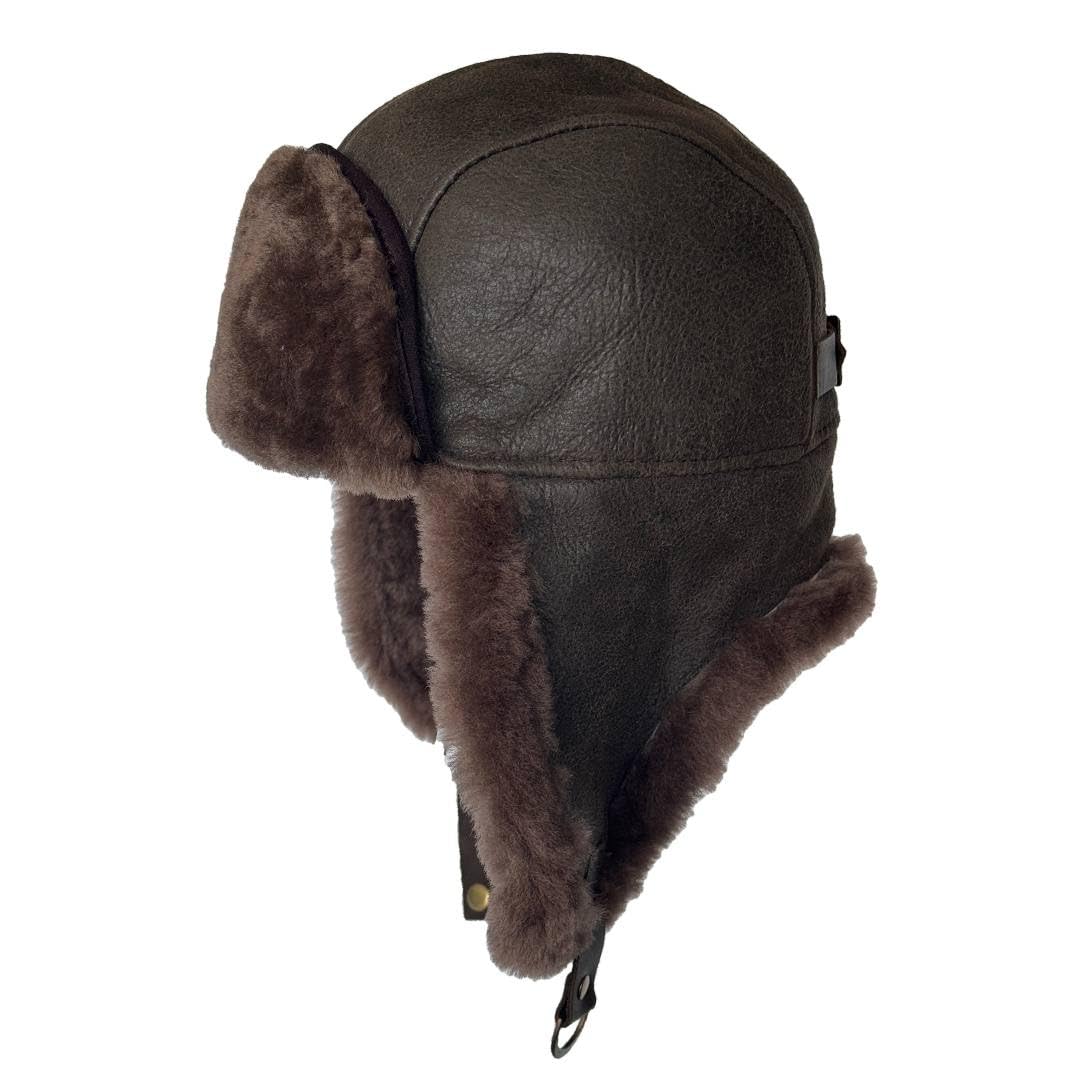 Leather Aviator Russian Ushanka Trapper Shearling Sheepskin Fur Ear Flap Waterproof Winter Hat
