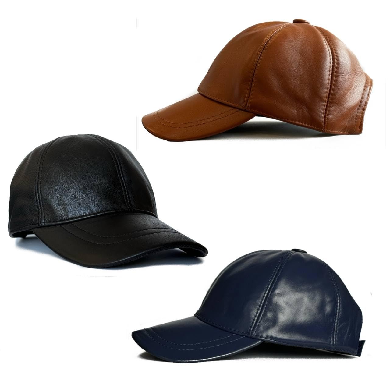 3 Pack Leather Caps Genuine Lambskin Leather Hat Sports Visor Adjustable Strap
