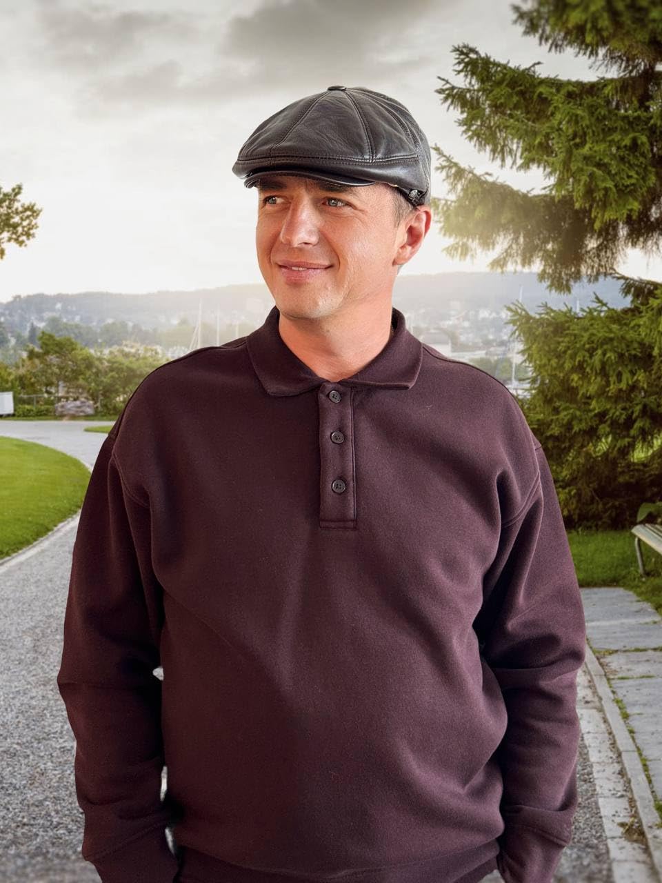 Men's Leather Newsboy Cap Cabbie Beret Real Leather Flat Hat Vintage Style Ascot Hat