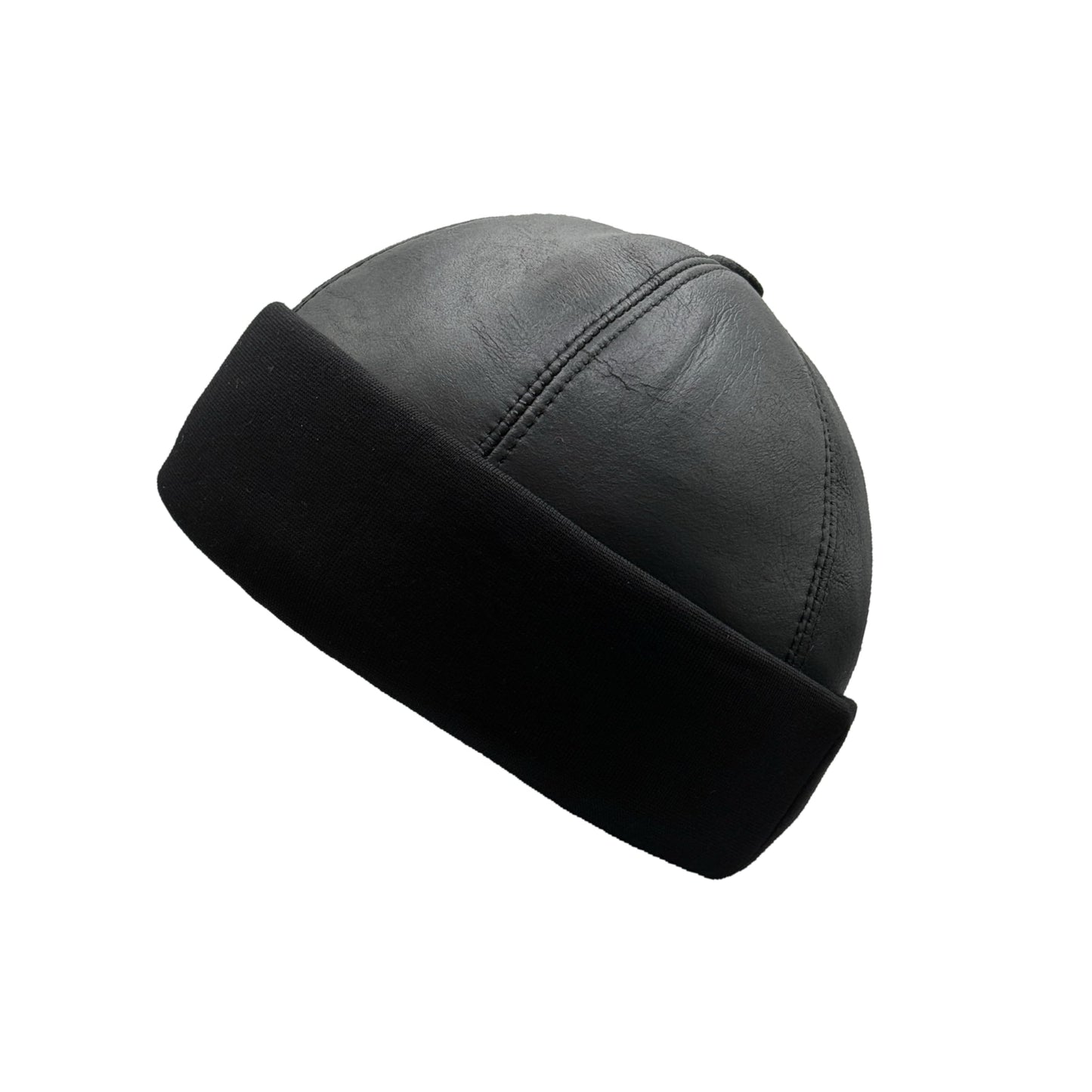Winter Sheepskin Leather Fur Knit Beanie Cuff Round Bucket Winter Ski Hat Black
