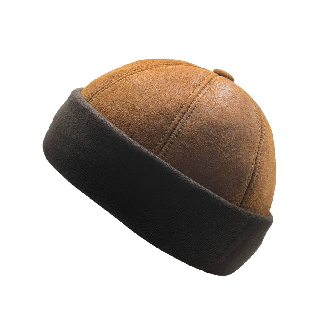 Lukkizara Unisex Genuine Leather Docker Hat Rolled Cuff Brimless Worker Skullcap Street Hip Hop Beanie Cap Retro