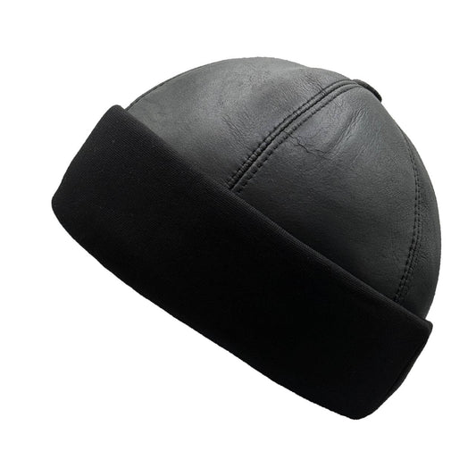 Lukkizara Unisex Genuine Leather Docker Hat Rolled Cuff Brimless Worker Skullcap Street Hip Hop Beanie Cap Retro