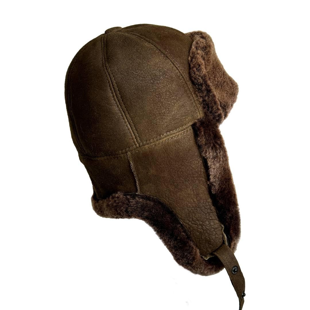 Leather Aviator Russian Ushanka Trapper Shearling Sheepskin Fur Ear Flap Waterproof Winter Hat