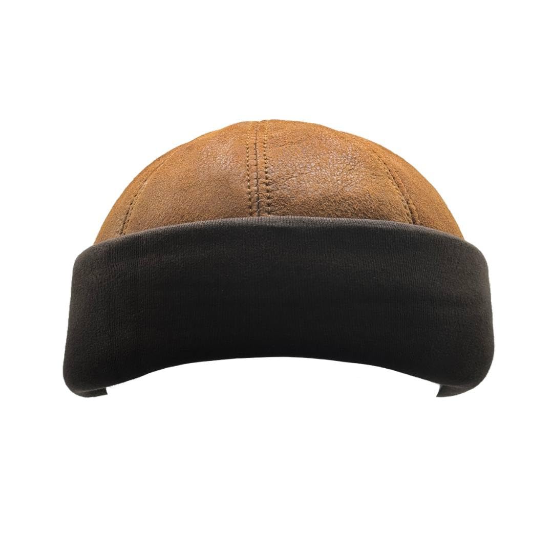 Lukkizara Unisex Genuine Leather Docker Hat Rolled Cuff Brimless Worker Skullcap Street Hip Hop Beanie Cap Retro