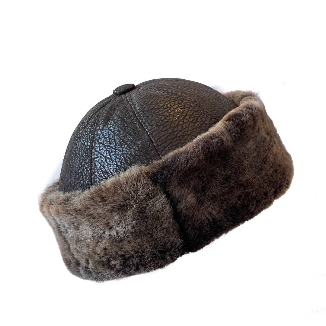 Lukkizara Winter Leather Hat Shearling Sheepskin Fur Beanie Hat