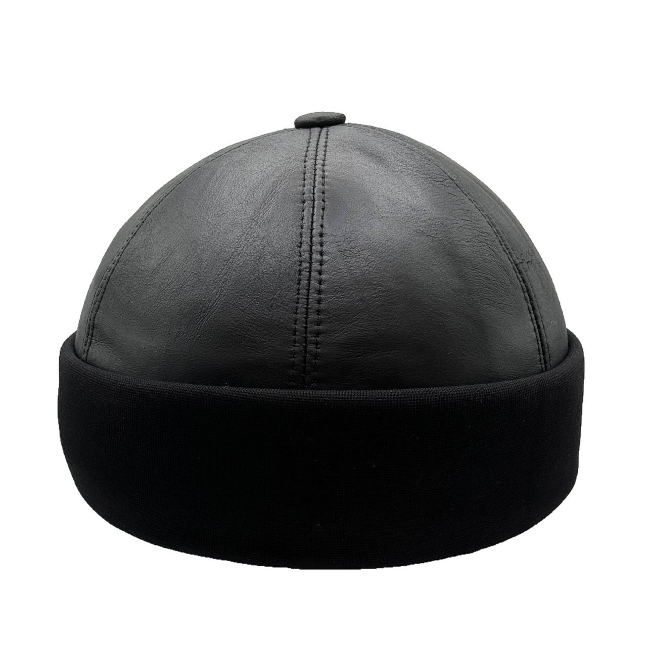 Lukkizara Unisex Genuine Leather Docker Hat Rolled Cuff Brimless Worker Skullcap Street Hip Hop Beanie Cap Retro