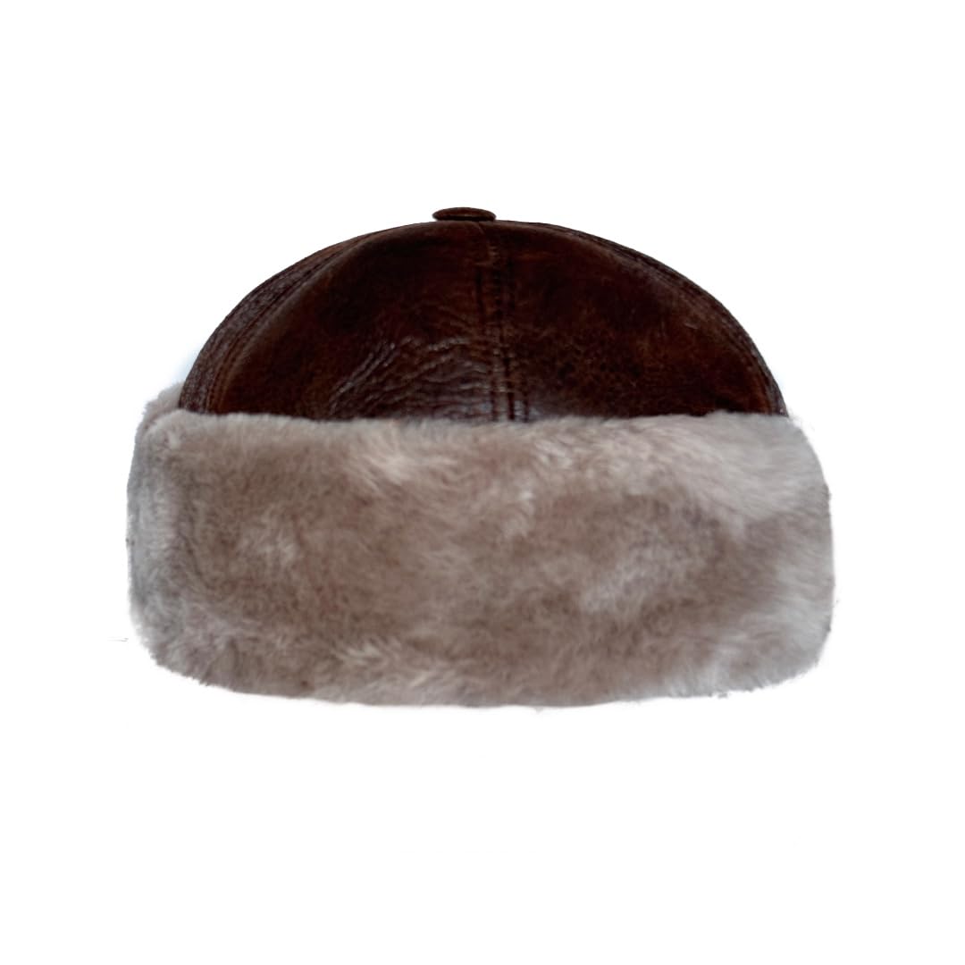 Premium Leather Unisex Shearling Sheepskin Fur Winter Beanie - Warm Wool Skull Hat for Men & Women