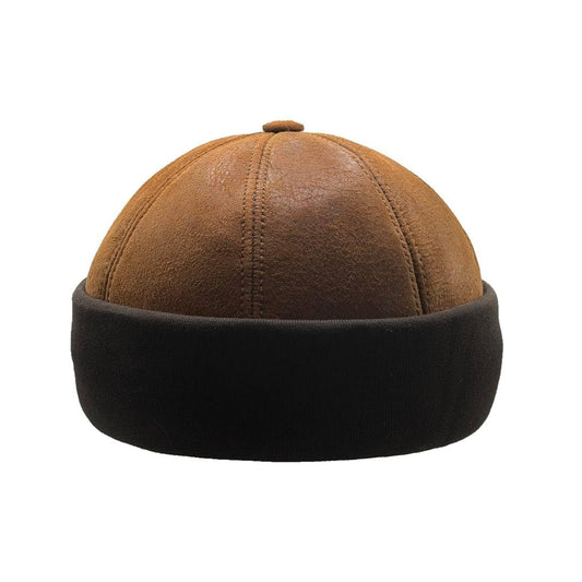 Lukkizara Winter Sheepskin Leather Fur Knit Beanie Cuff Round Bucket Winter Ski Docker Hat