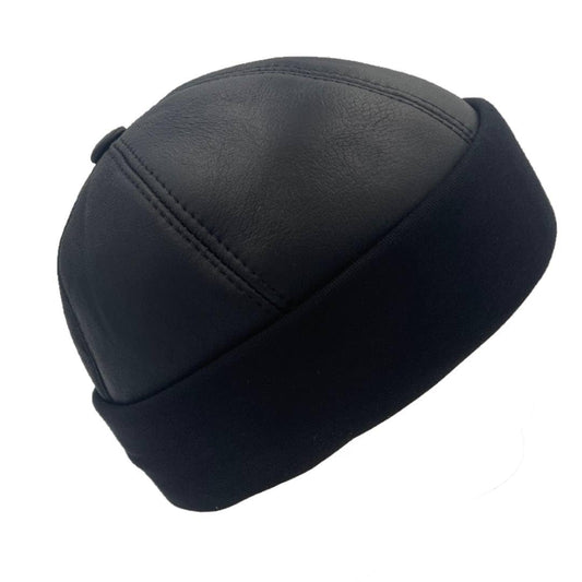 Winter Sheepskin Leather Fur Knit Beanie Cuff Round Bucket Winter Ski Hat Black