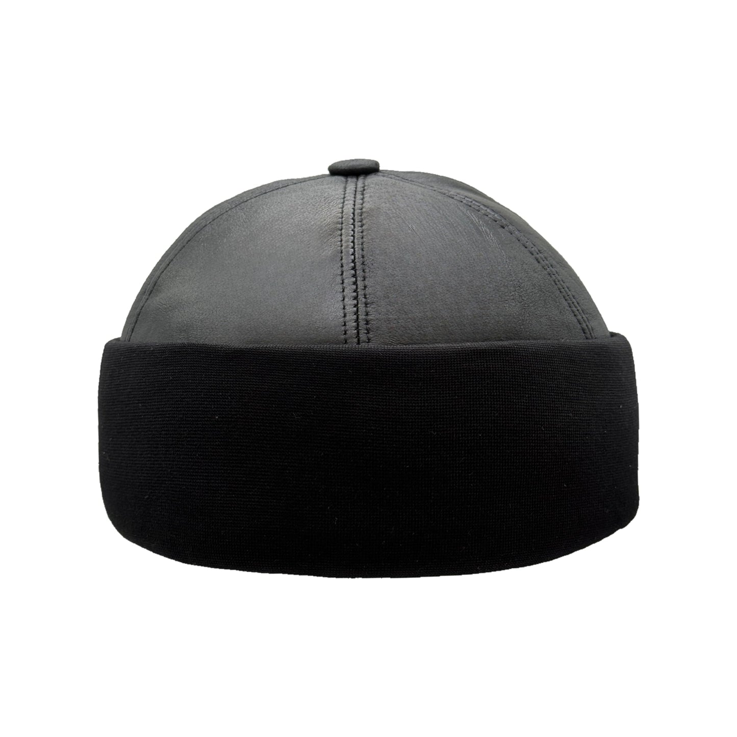 Winter Sheepskin Leather Fur Knit Beanie Cuff Round Bucket Winter Ski Hat Black