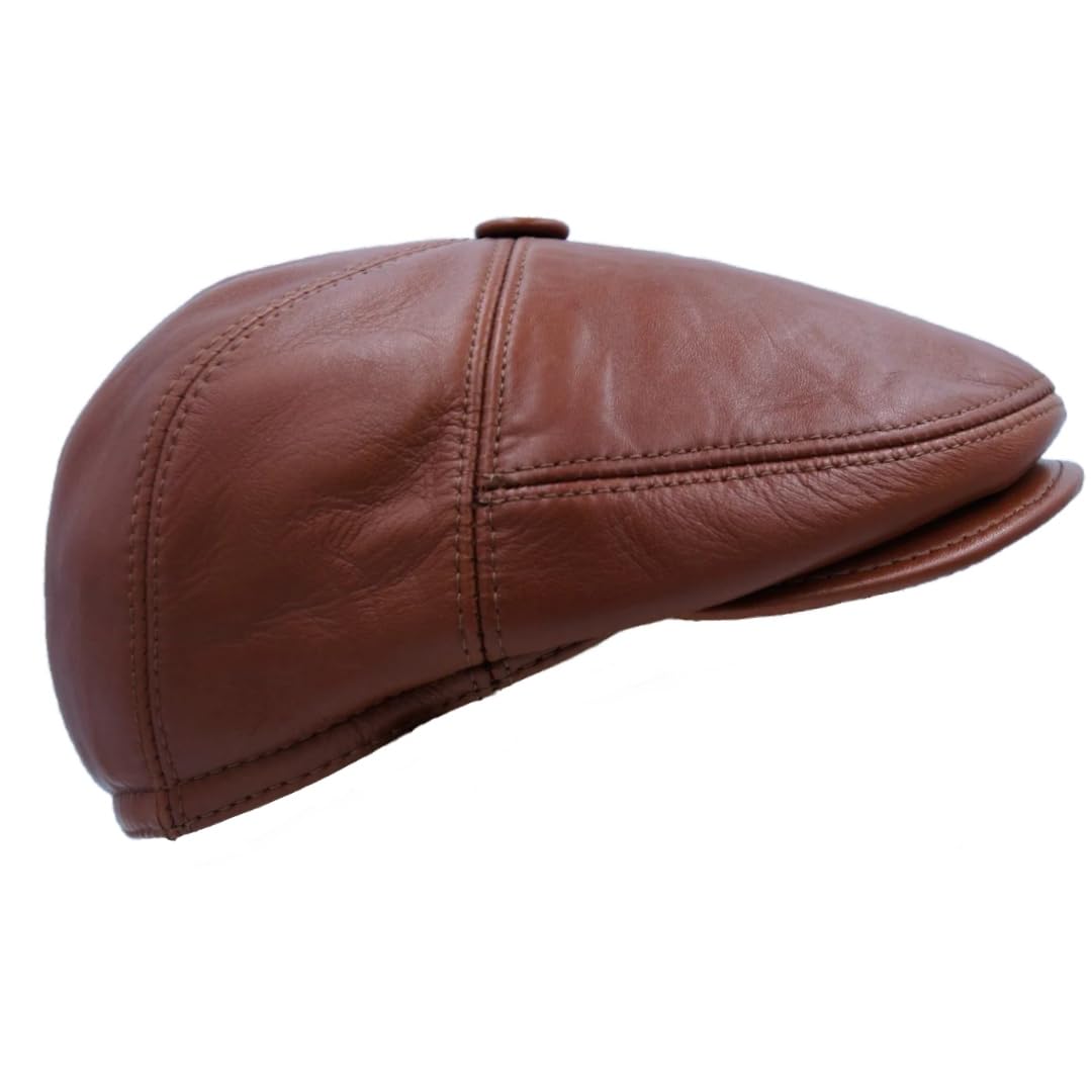 Generic Men's Brown Ivy League Classic Flat Cap - Newsboy Cap - Genuine Sheepskin Leather - Warm & Breathable - Ear Warmer