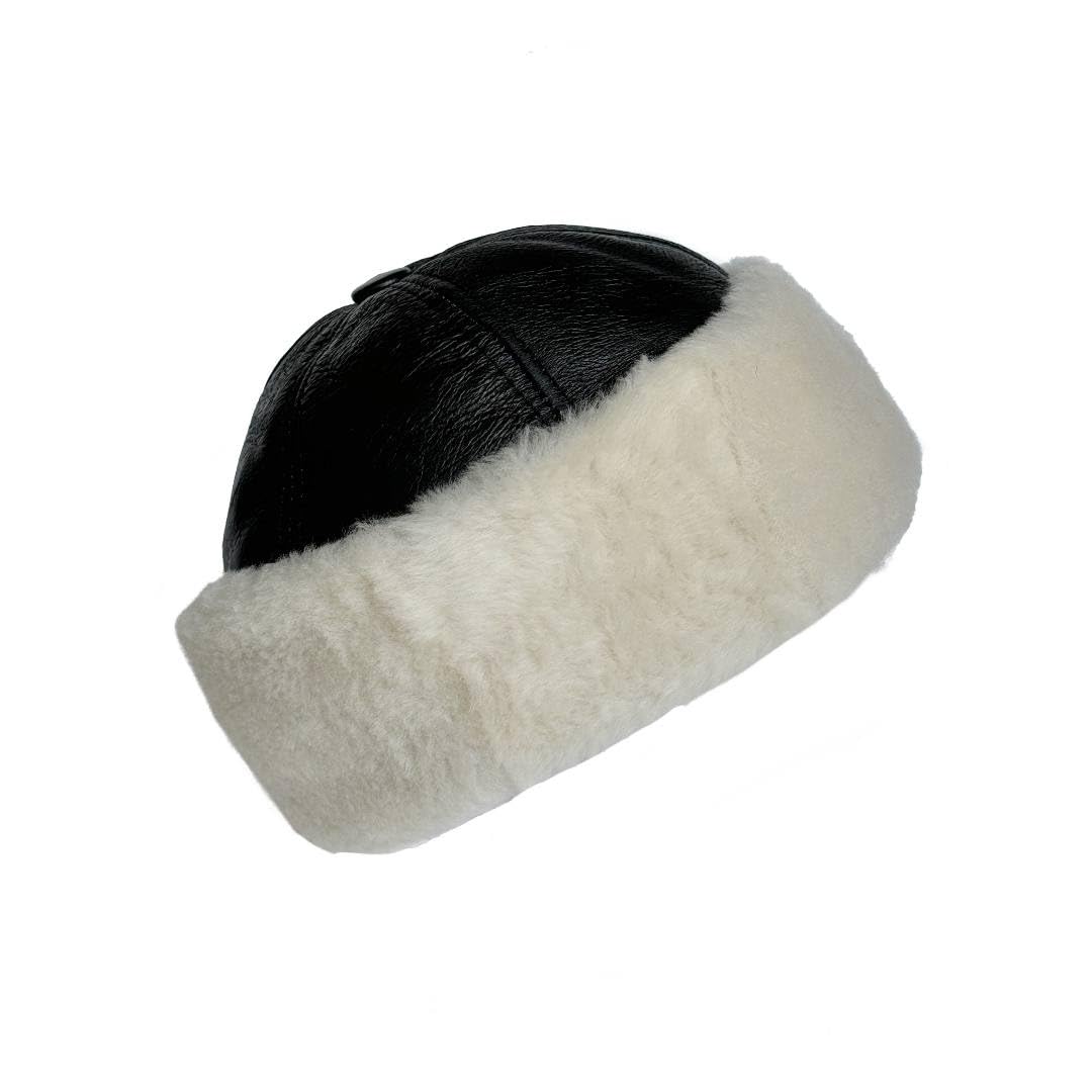 Premium Leather Unisex Shearling Sheepskin Fur Winter Beanie - Warm Wool Skull Hat for Men & Women