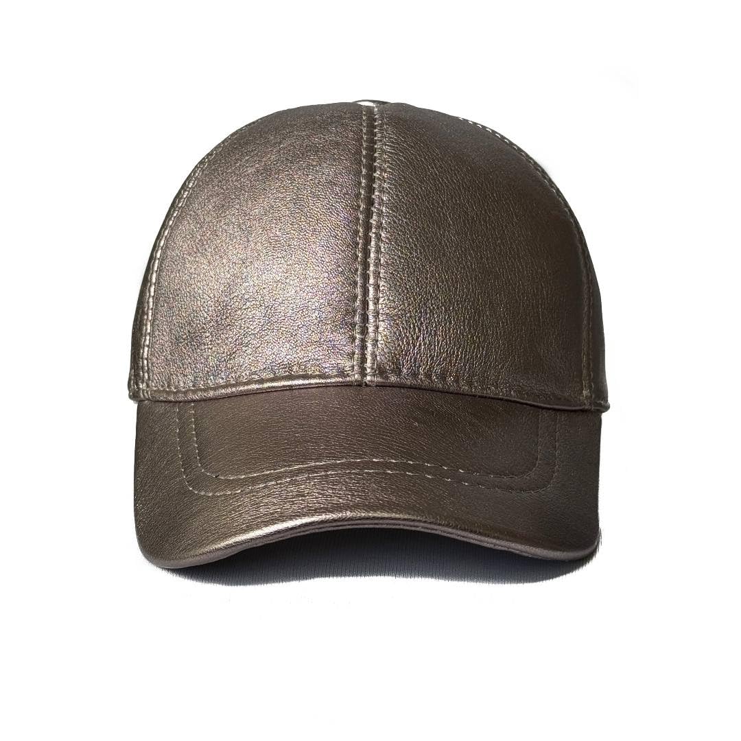 Leather Baseball Cap Genuine Lambskin Leather Hat Sports Visor Adjustable Strap Silver Metallic