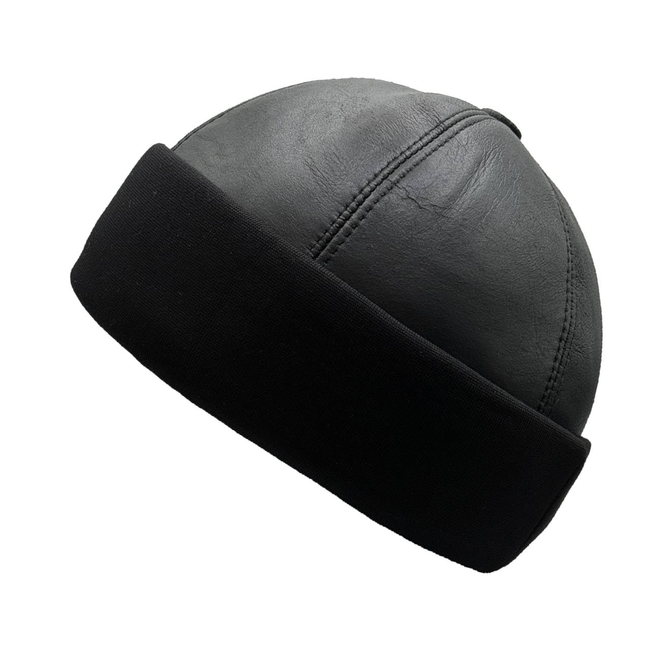 Lukkizara Unisex Genuine Leather Docker Hat Rolled Cuff Brimless Worker Skullcap Street Hip Hop Beanie Cap Retro